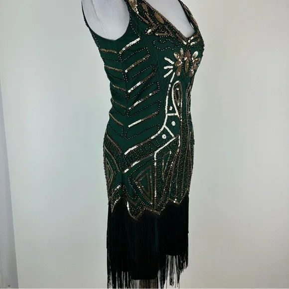 BABEYOND Green Gold Art Deco Sequin Flapper Dress Size XS - Picture 5 of 14